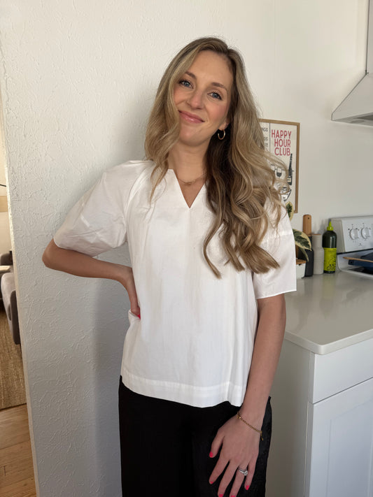 PINCH Amy V-Neck Cotton Puff Sleeve Top (White)