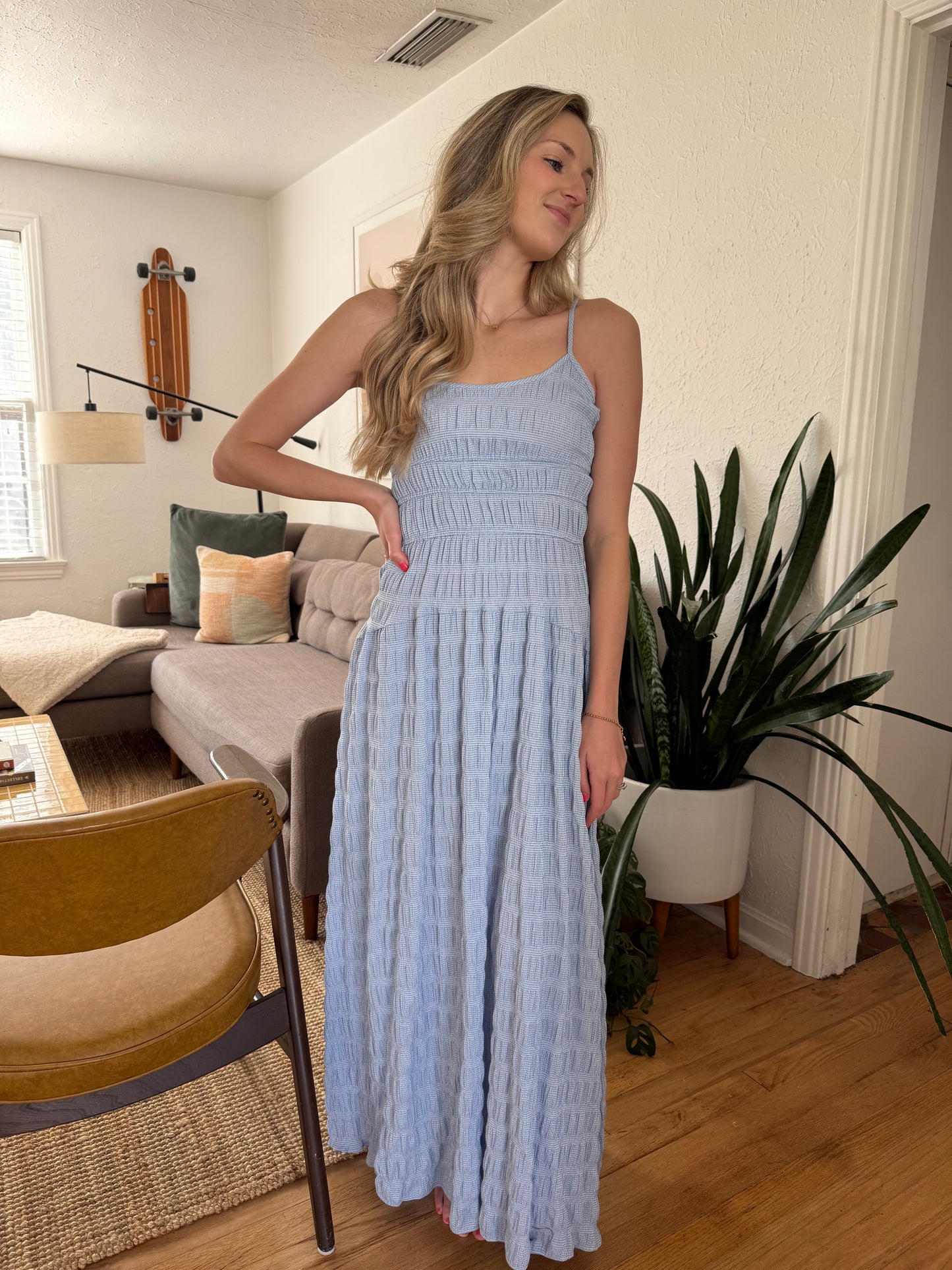 Needii Talia Blue Gingham Cinched Maxi Dress