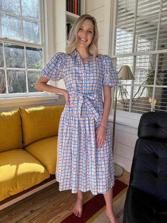 PINCH Alex Cherry Blue Stripe Pattern Belted Midi Dress