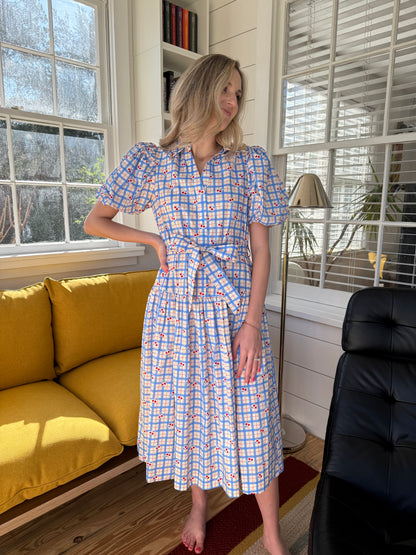 PINCH Alex Cherry Blue Stripe Pattern Belted Midi Dress