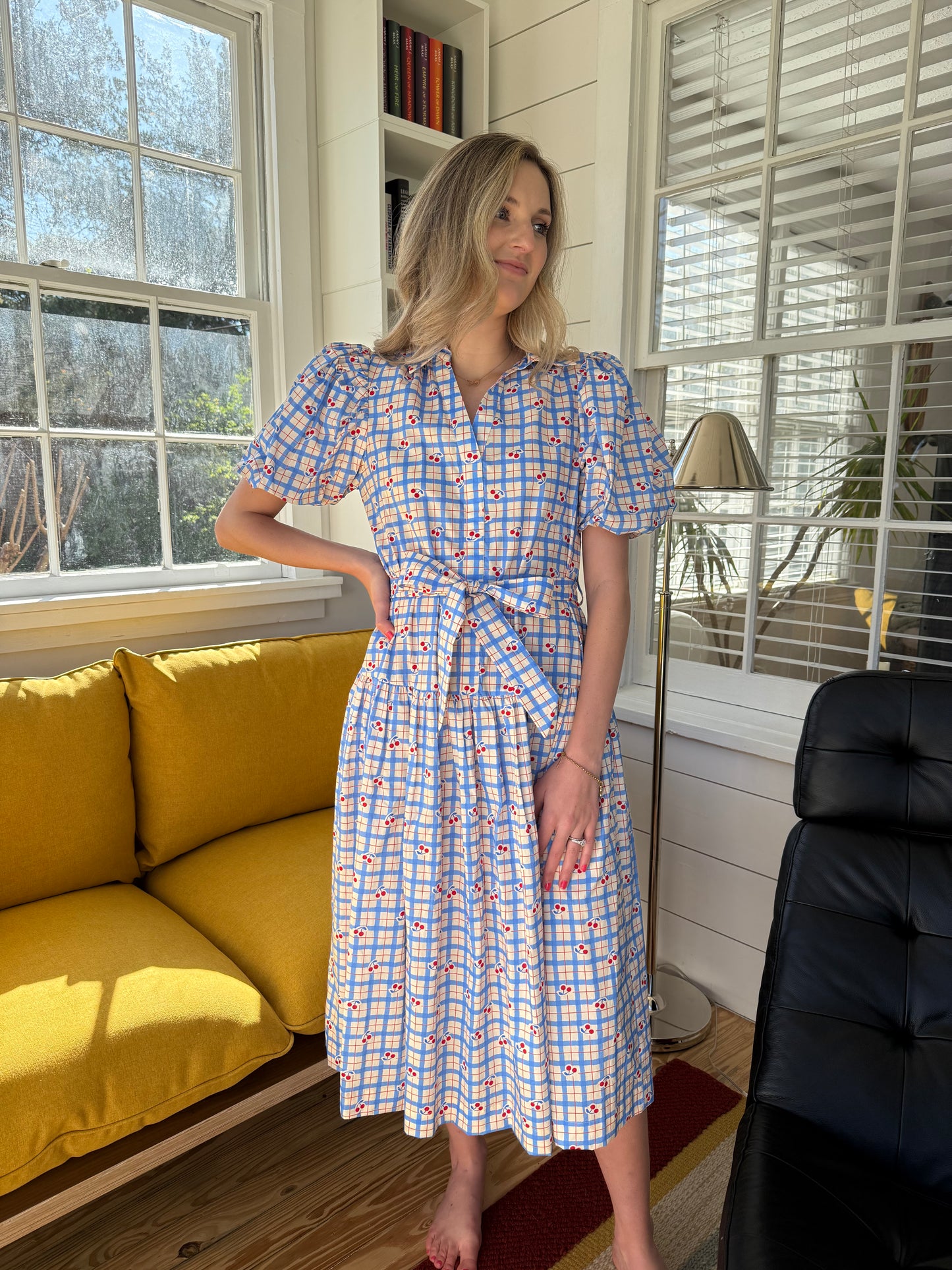 PINCH Alex Cherry Blue Stripe Pattern Belted Midi Dress