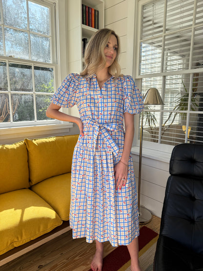 PINCH Alex Cherry Blue Stripe Pattern Belted Midi Dress