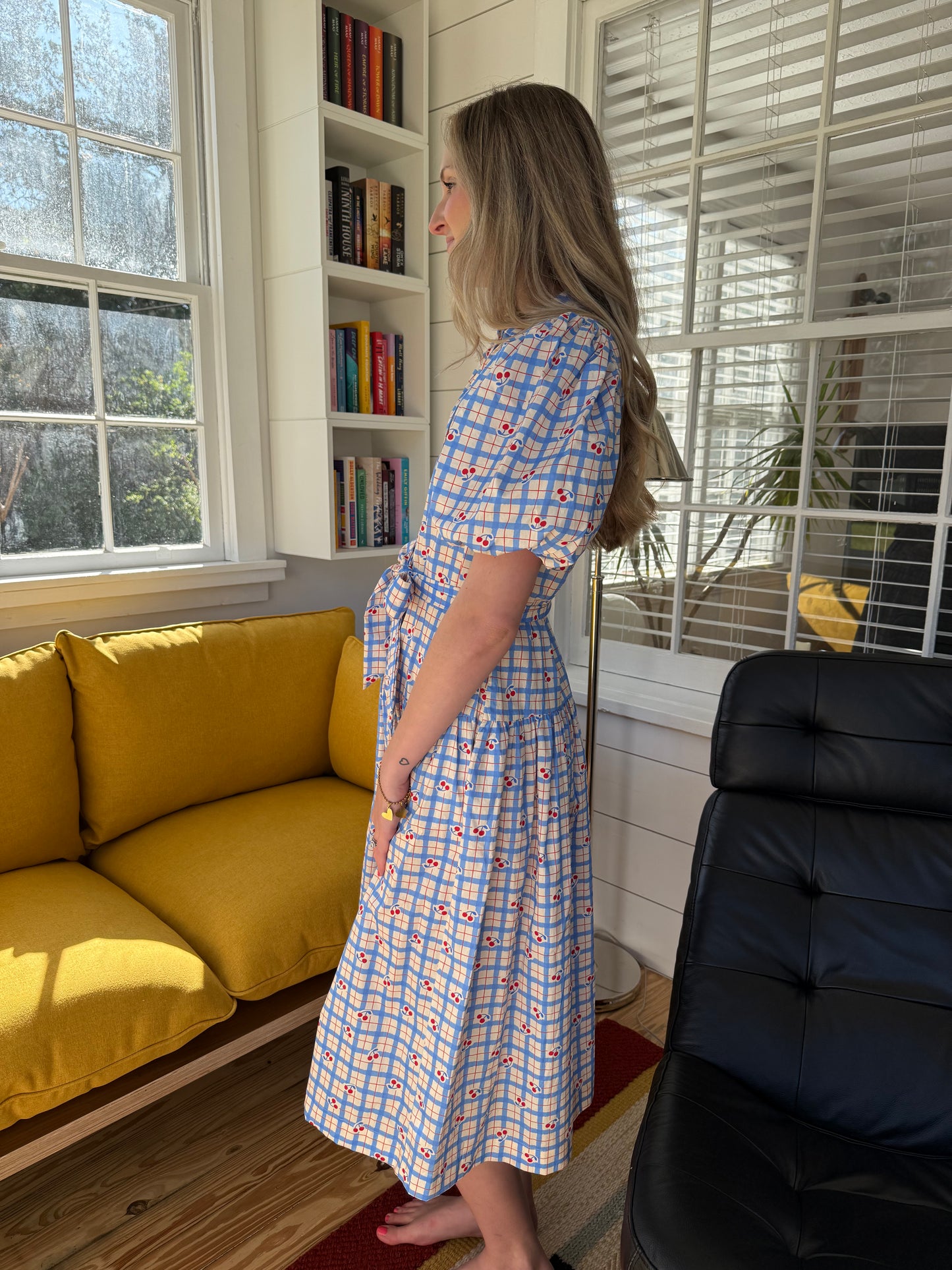 PINCH Alex Cherry Blue Stripe Pattern Belted Midi Dress