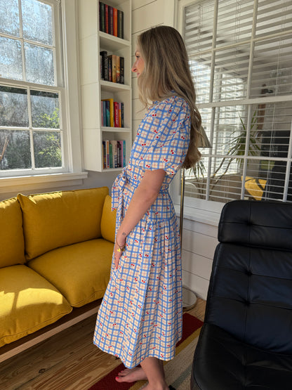PINCH Alex Cherry Blue Stripe Pattern Belted Midi Dress