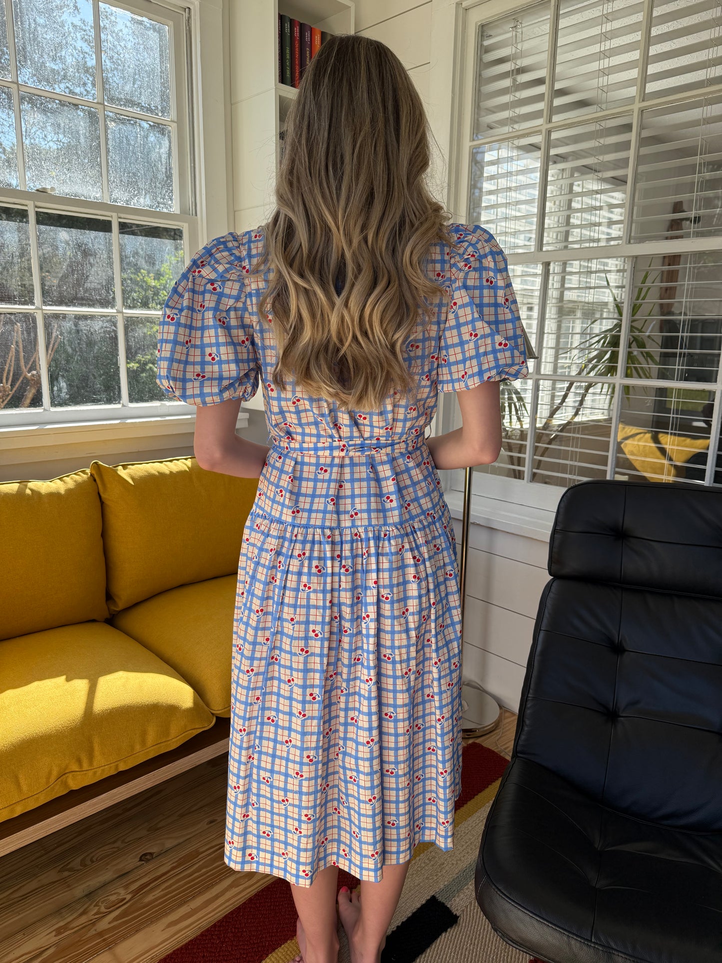 PINCH Alex Cherry Blue Stripe Pattern Belted Midi Dress