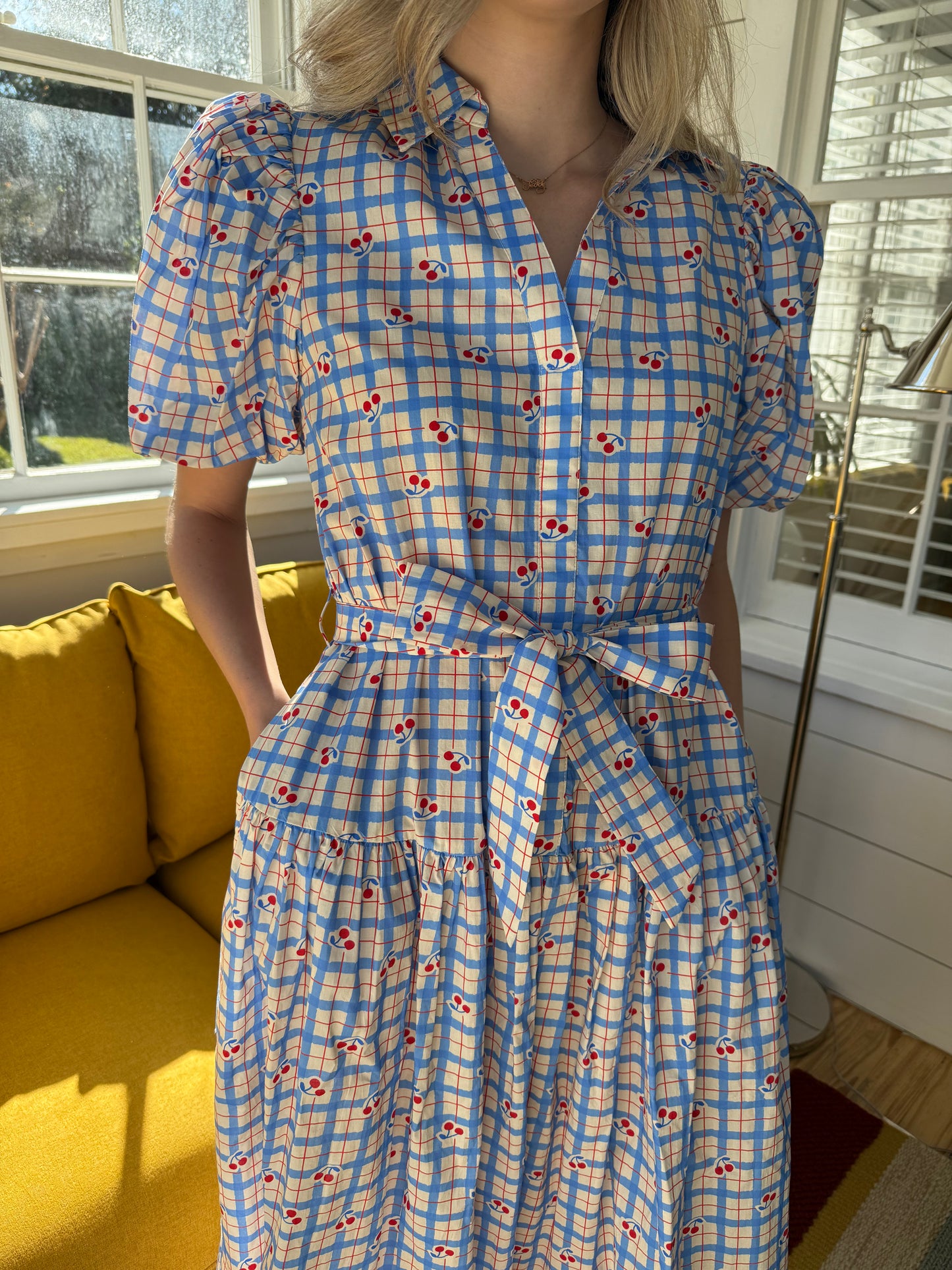 PINCH Alex Cherry Blue Stripe Pattern Belted Midi Dress