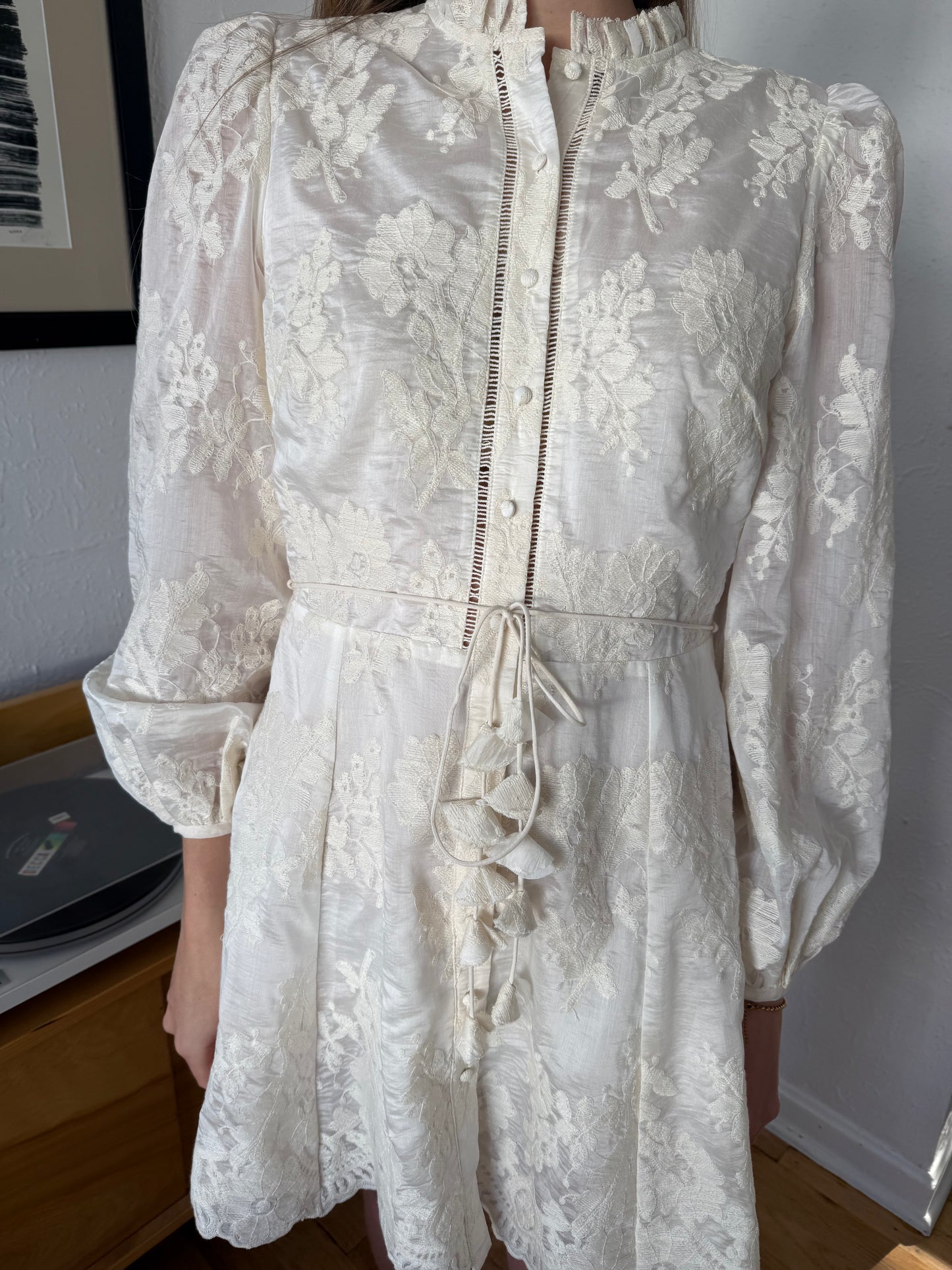 Lucy Paris Valetta Cream Embroidered Button Mini Dress