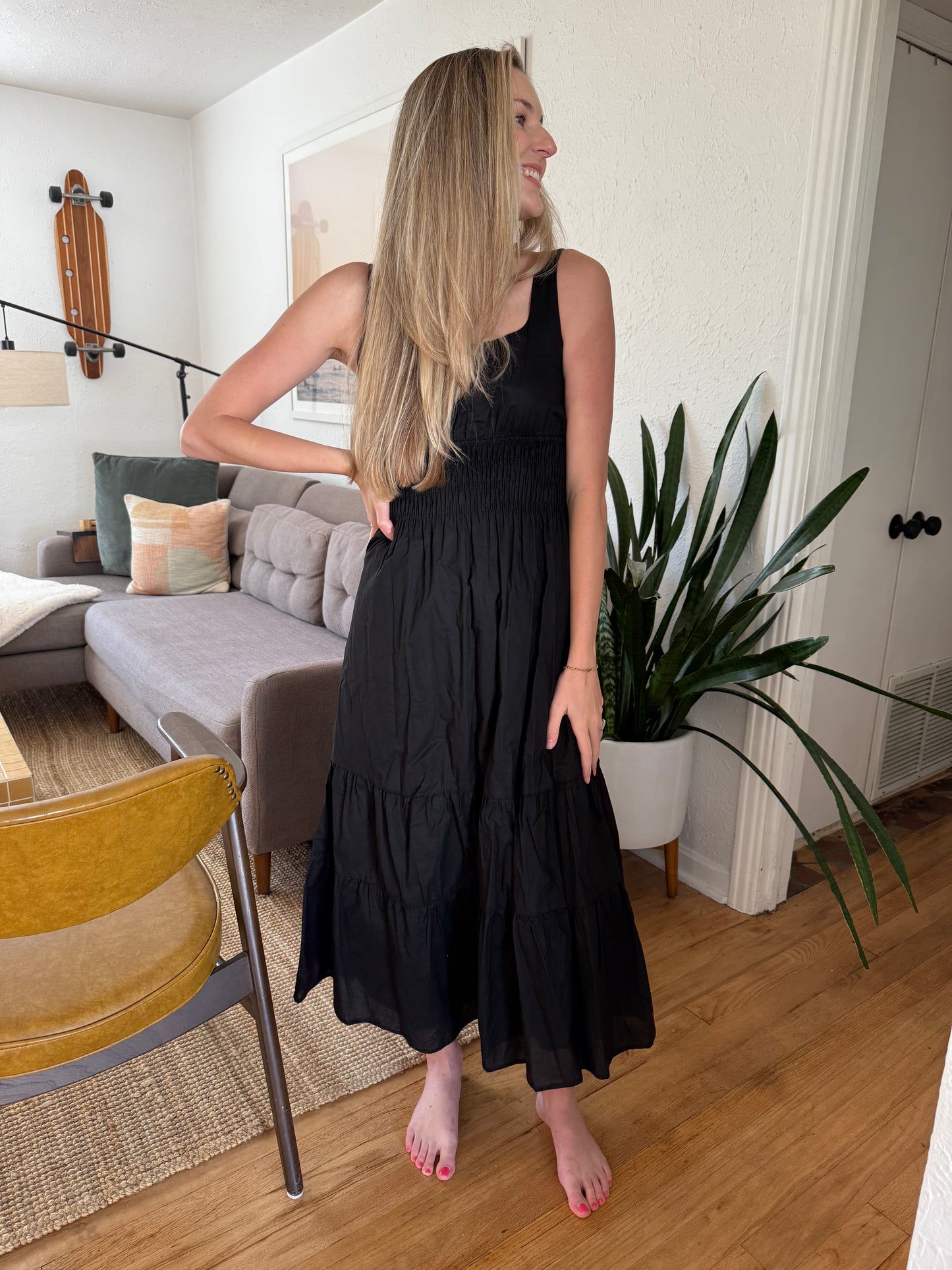 Needii Ashley Cotton Tank Smocked Midi Dress (Black)