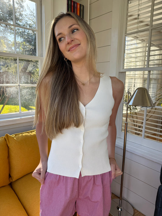Lucy Paris Eris White Ribbed Knit Button Vest Top