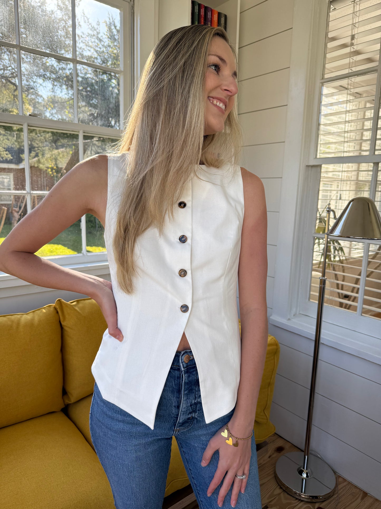 Needii Alexandra White Linen Buttoned Vest Top