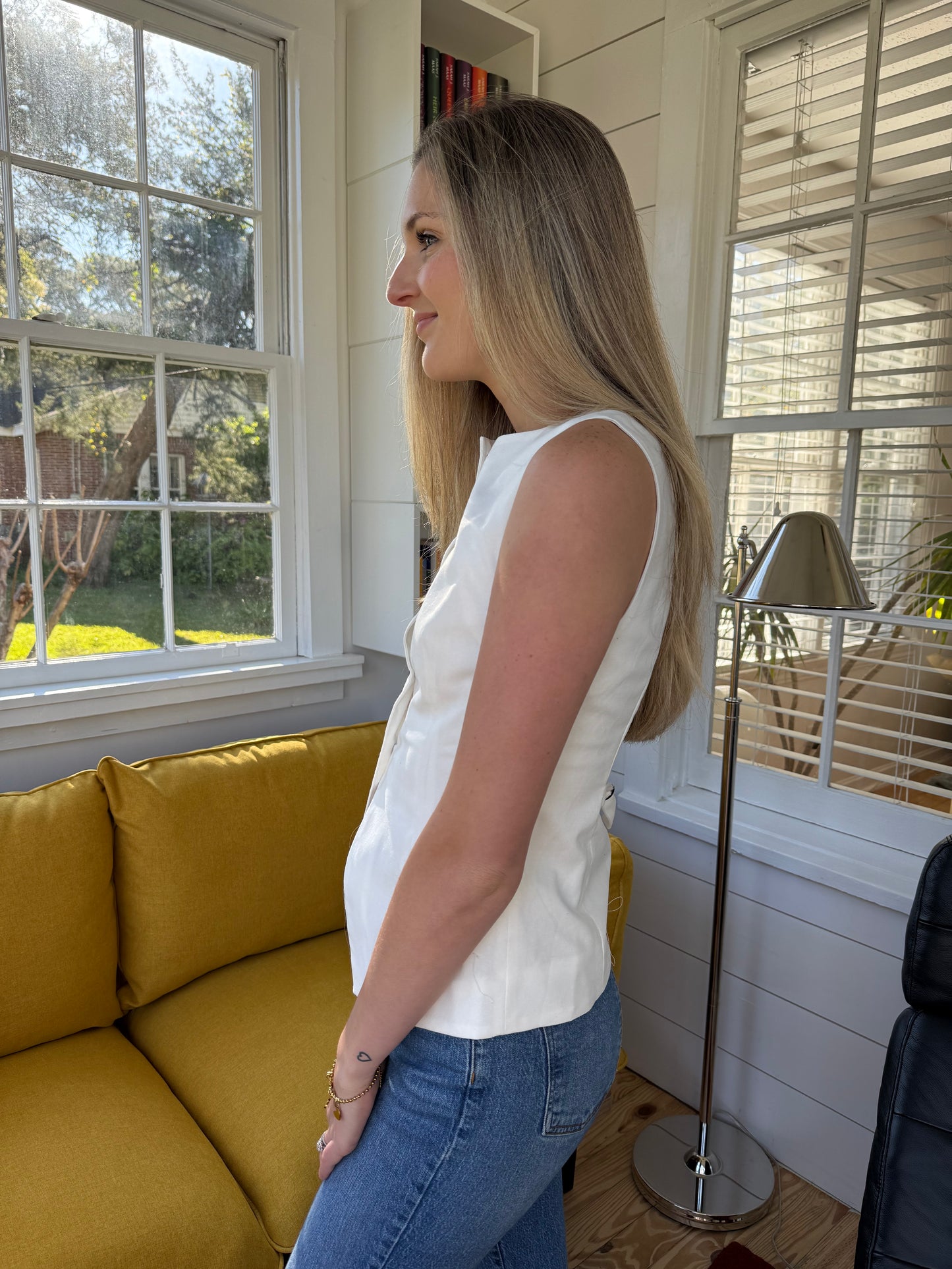 Needii Alexandra White Linen Buttoned Vest Top