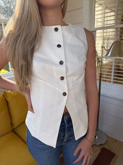 Needii Alexandra White Linen Buttoned Vest Top