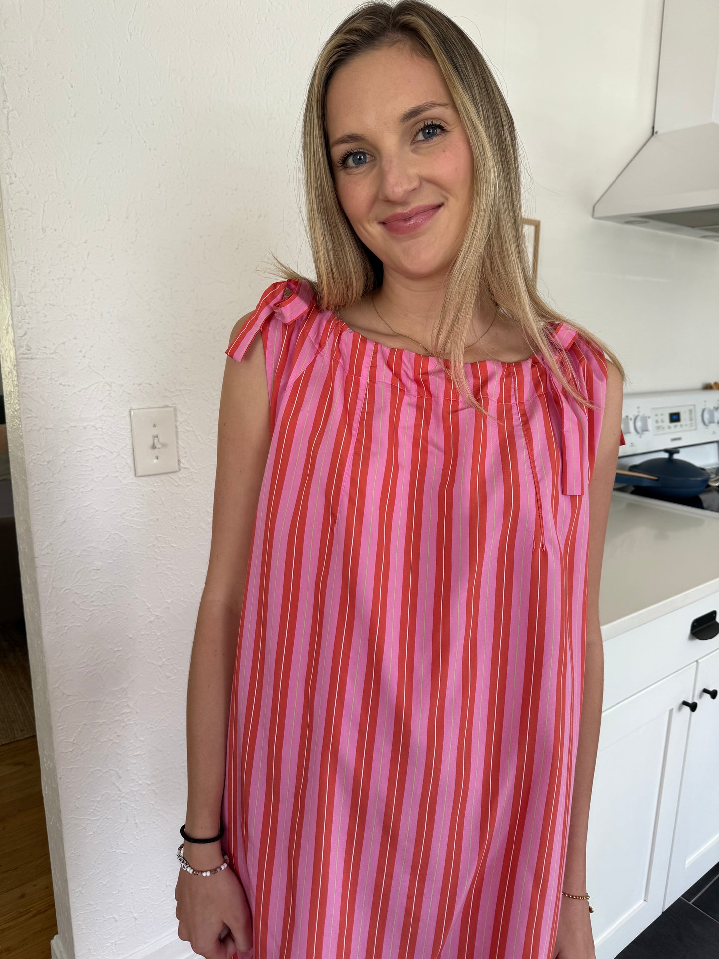 FRNCH Aelia Pink Stripe Tie Tank Mini Dress