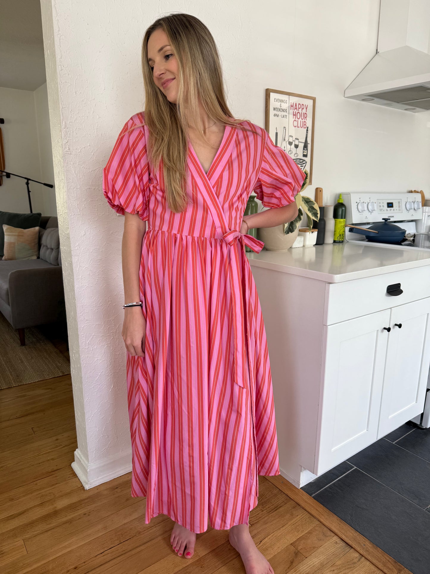 FRNCH Aelia Pink Stripe Short Sleeve Wrap Midi Dress