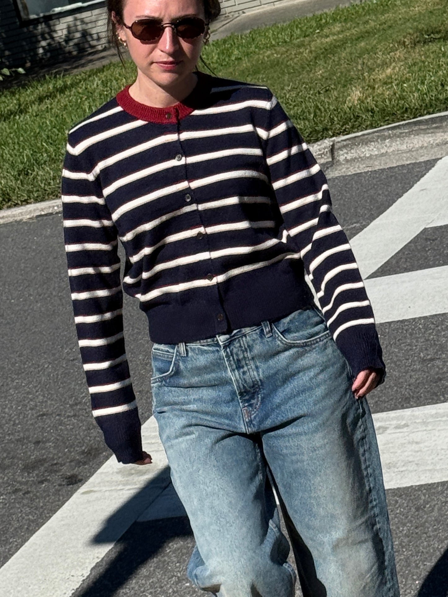 Elle Grey Zara Navy Striped Button Cardigan Sweater