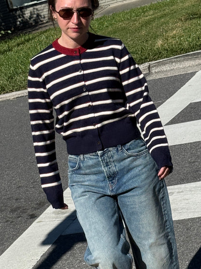 Elle Grey Zara Navy Striped Button Cardigan Sweater