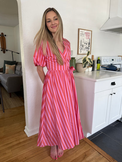 FRNCH Aelia Pink Stripe Short Sleeve Wrap Midi Dress