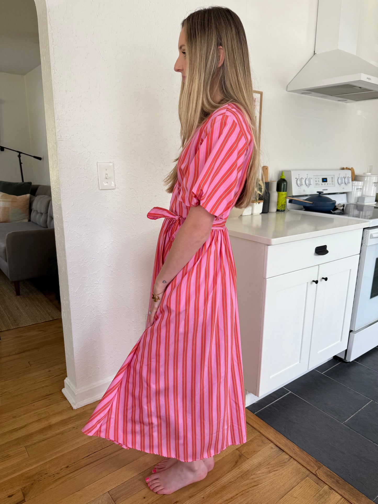 FRNCH Aelia Pink Stripe Short Sleeve Wrap Midi Dress