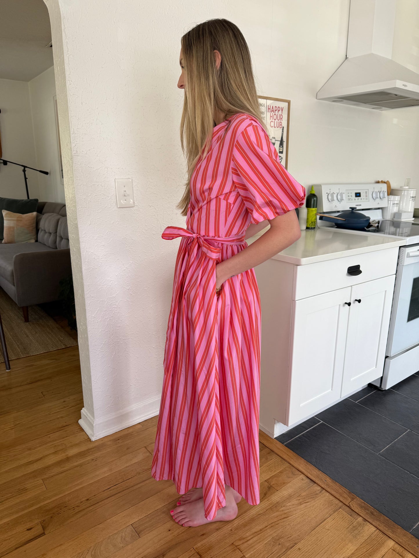 FRNCH Aelia Pink Stripe Short Sleeve Wrap Midi Dress