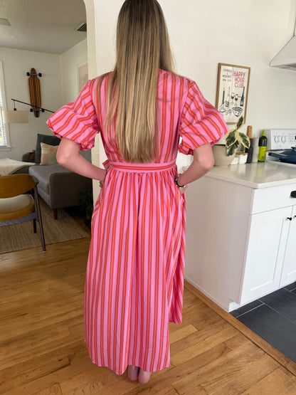 FRNCH Aelia Pink Stripe Short Sleeve Wrap Midi Dress