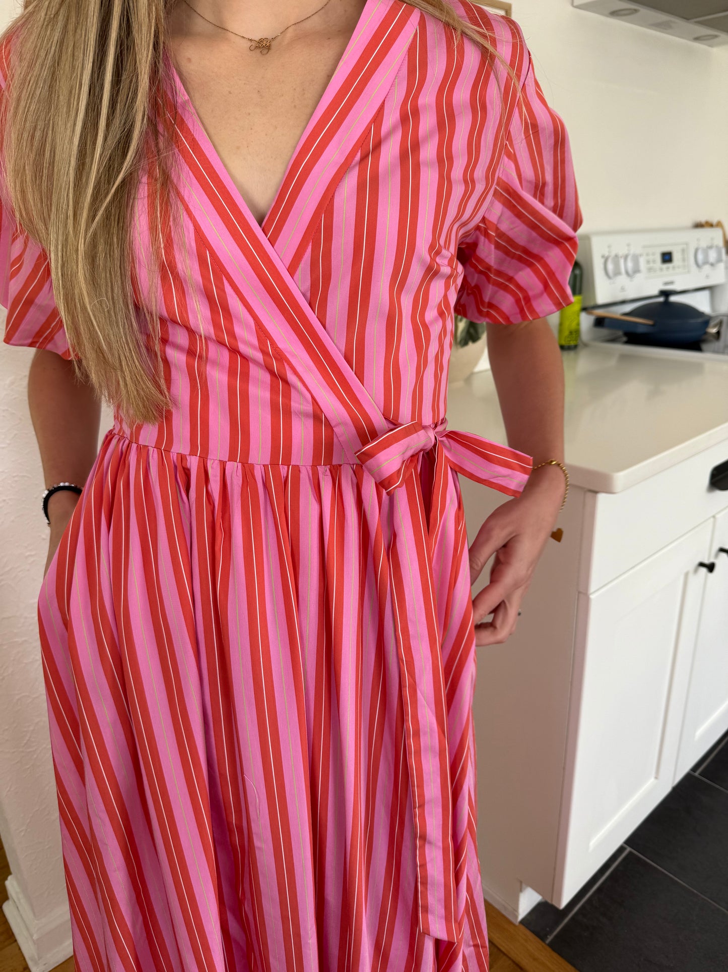 FRNCH Aelia Pink Stripe Short Sleeve Wrap Midi Dress