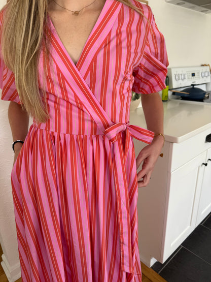 FRNCH Aelia Pink Stripe Short Sleeve Wrap Midi Dress