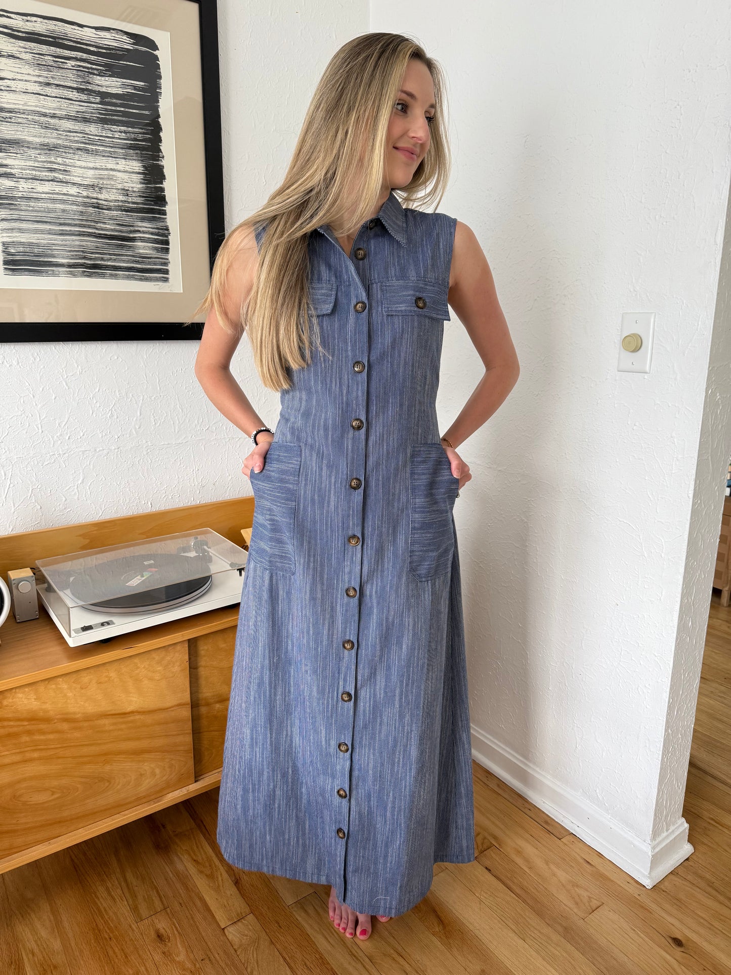 FRNCH Scarlet Stripe Button Collared Maxi Dress (Navy)