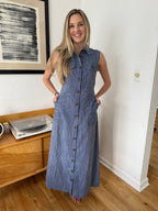 FRNCH Scarlet Stripe Button Collared Maxi Dress (Navy)