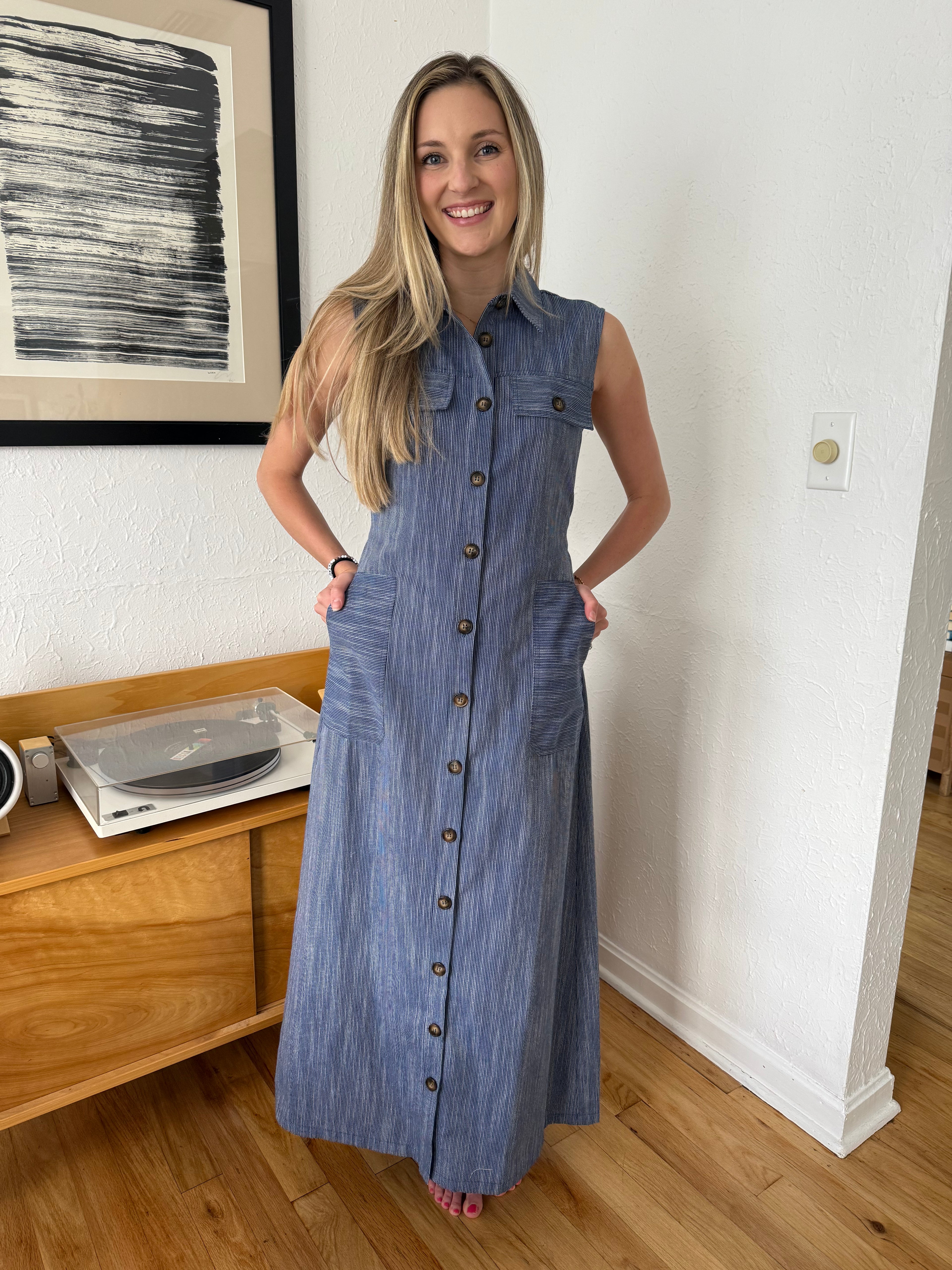 FRNCH Scarlet Stripe Button Collared Maxi Dress (Navy)