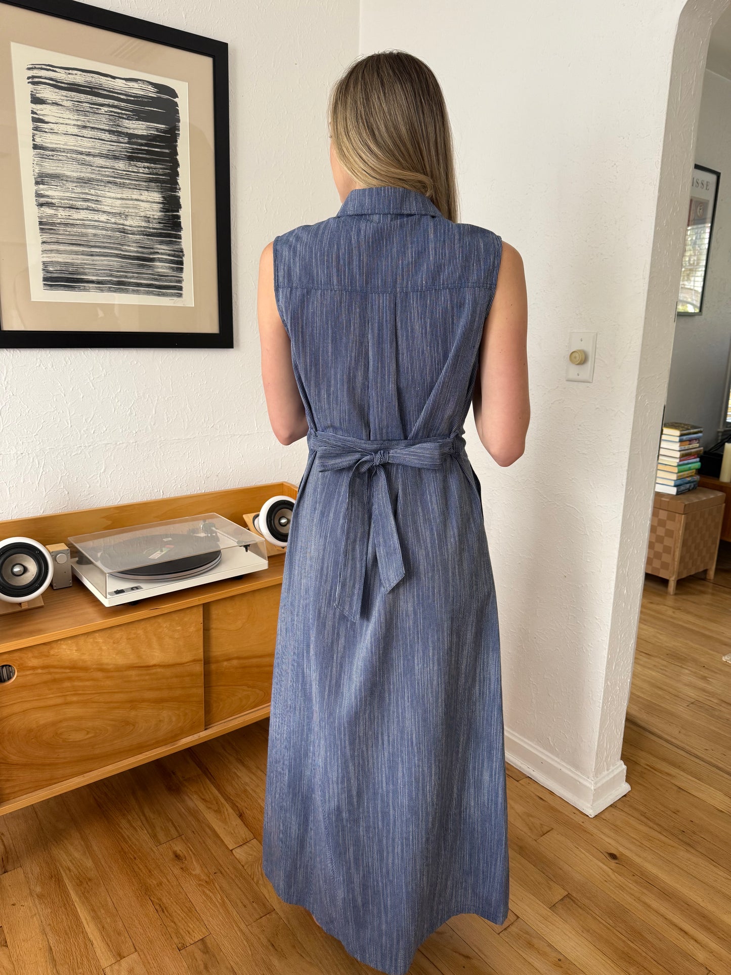FRNCH Scarlet Stripe Button Collared Maxi Dress (Navy)