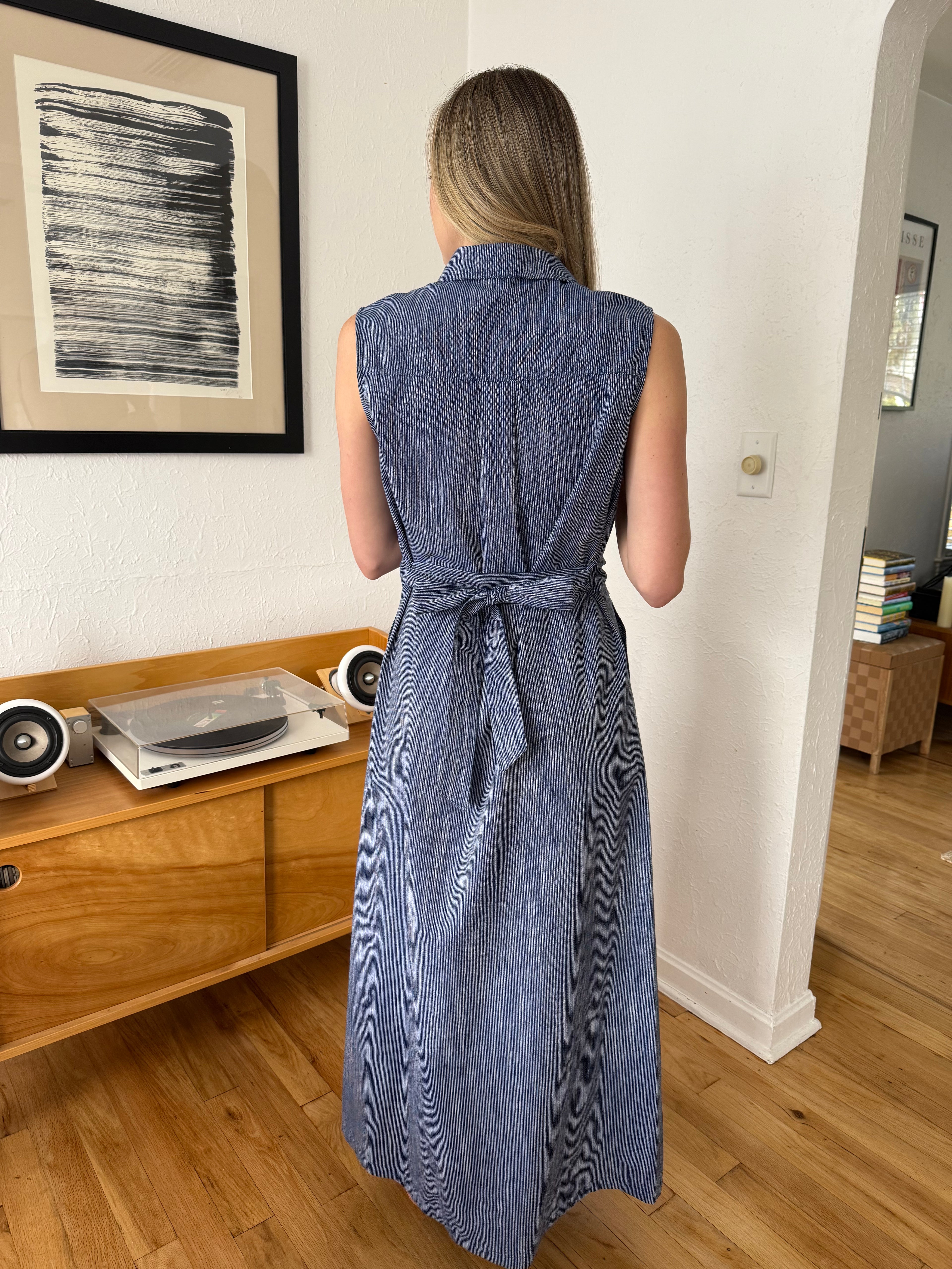 FRNCH Scarlet Stripe Button Collared Maxi Dress (Navy)