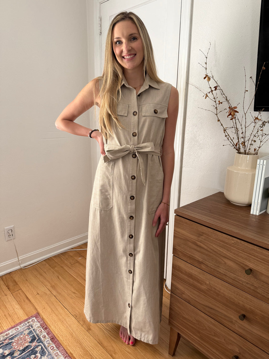 FRNCH Scarlet Stripe Button Collared Maxi Dress (Beige)