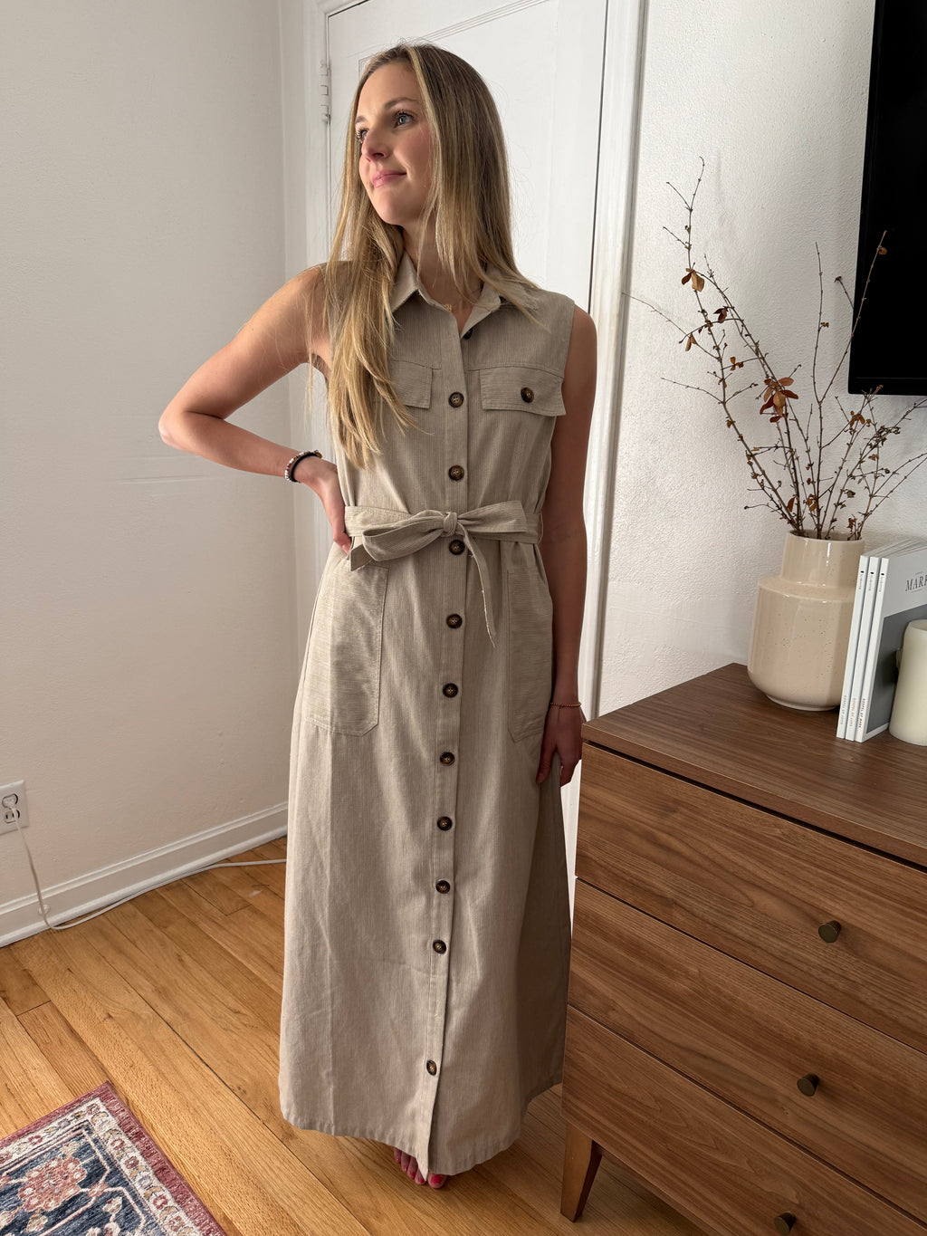 FRNCH Scarlet Stripe Button Collared Maxi Dress (Beige)