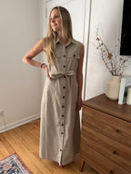 FRNCH Scarlet Stripe Button Collared Maxi Dress (Beige)