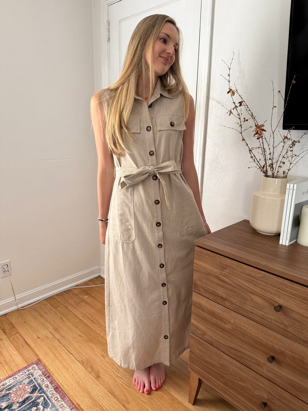 FRNCH Scarlet Stripe Button Collared Maxi Dress (Beige)