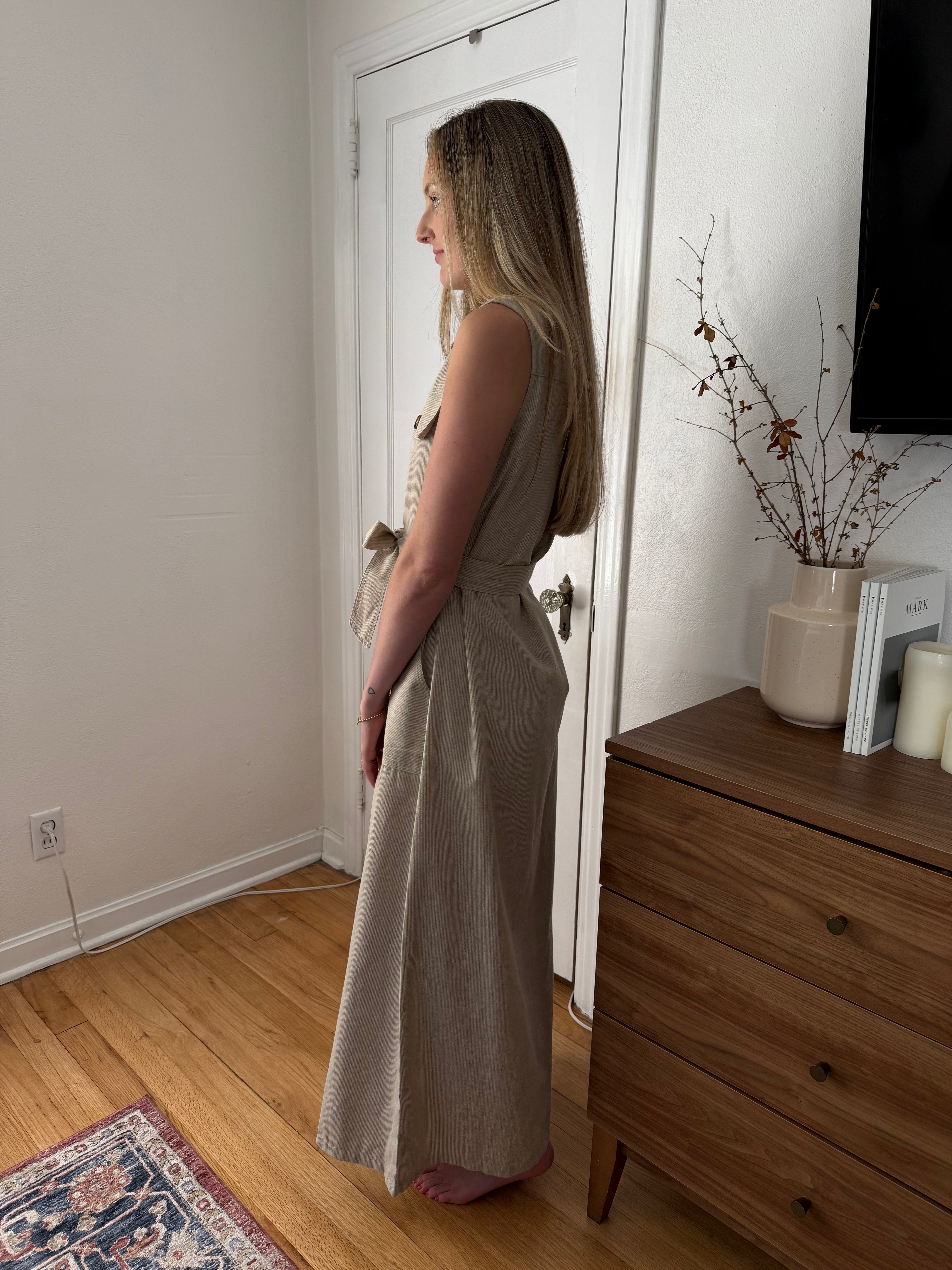 FRNCH Scarlet Stripe Button Collared Maxi Dress (Beige)