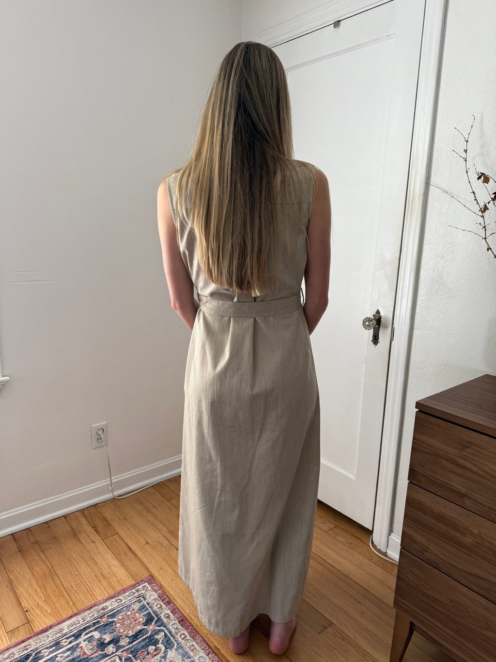 FRNCH Scarlet Stripe Button Collared Maxi Dress (Beige)