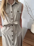 FRNCH Scarlet Stripe Button Collared Maxi Dress (Beige)