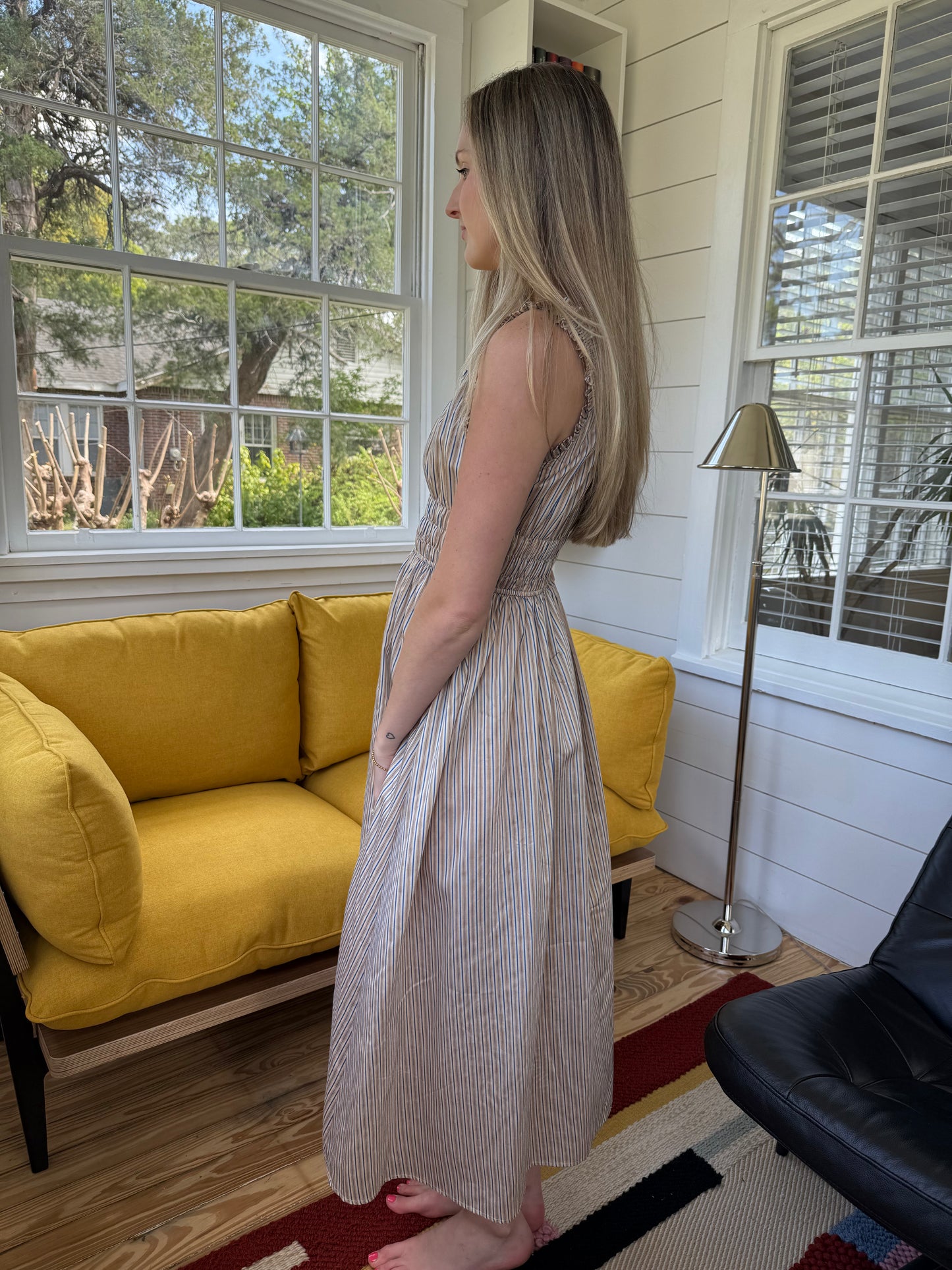 FRNCH Louisane Blue Stripe Shirred Tank Midi Dress