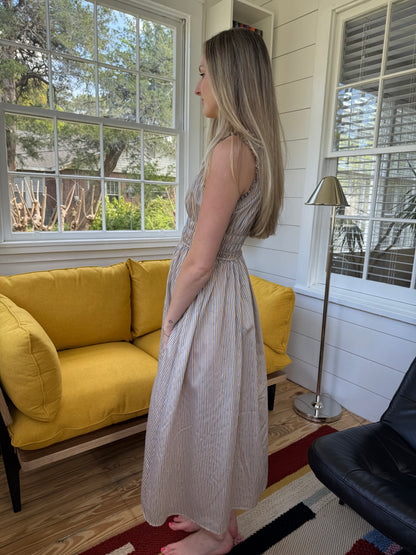 FRNCH Louisane Blue Stripe Shirred Tank Midi Dress
