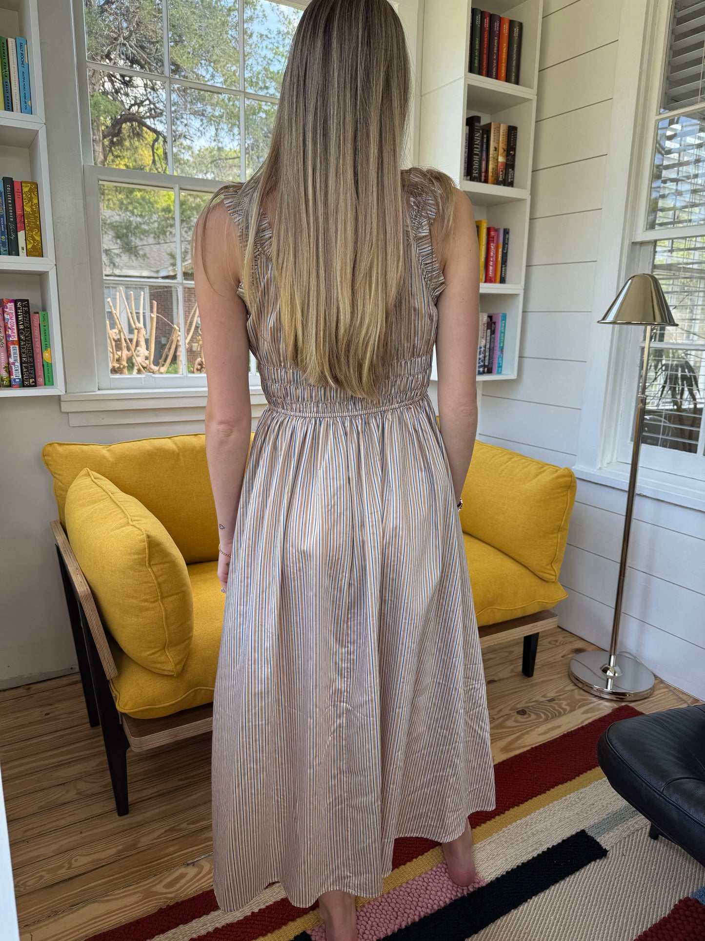FRNCH Louisane Blue Stripe Shirred Tank Midi Dress