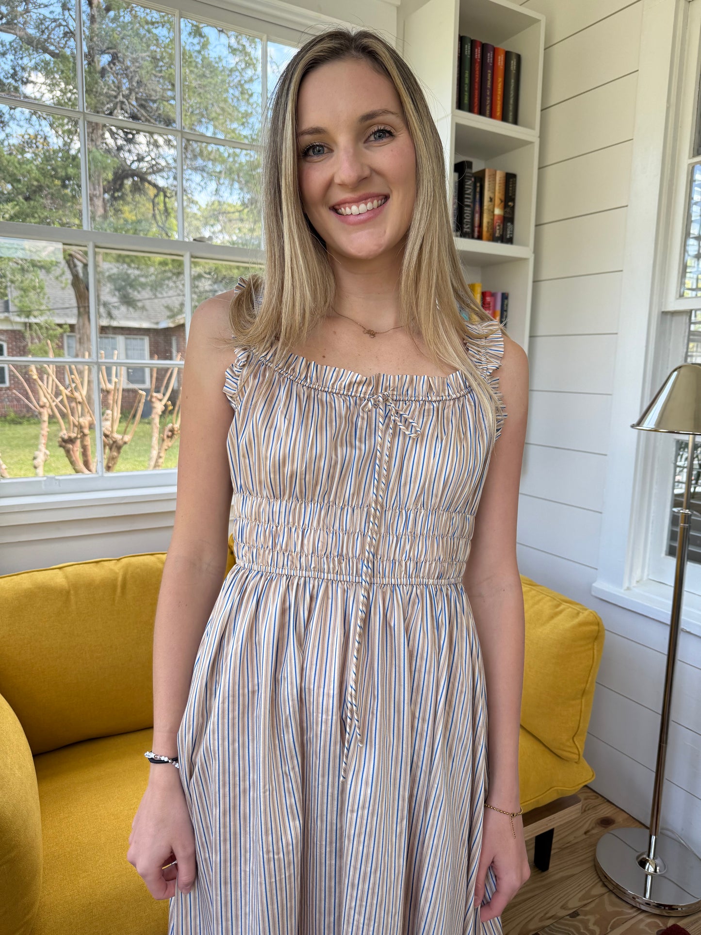 FRNCH Louisane Blue Stripe Shirred Tank Midi Dress
