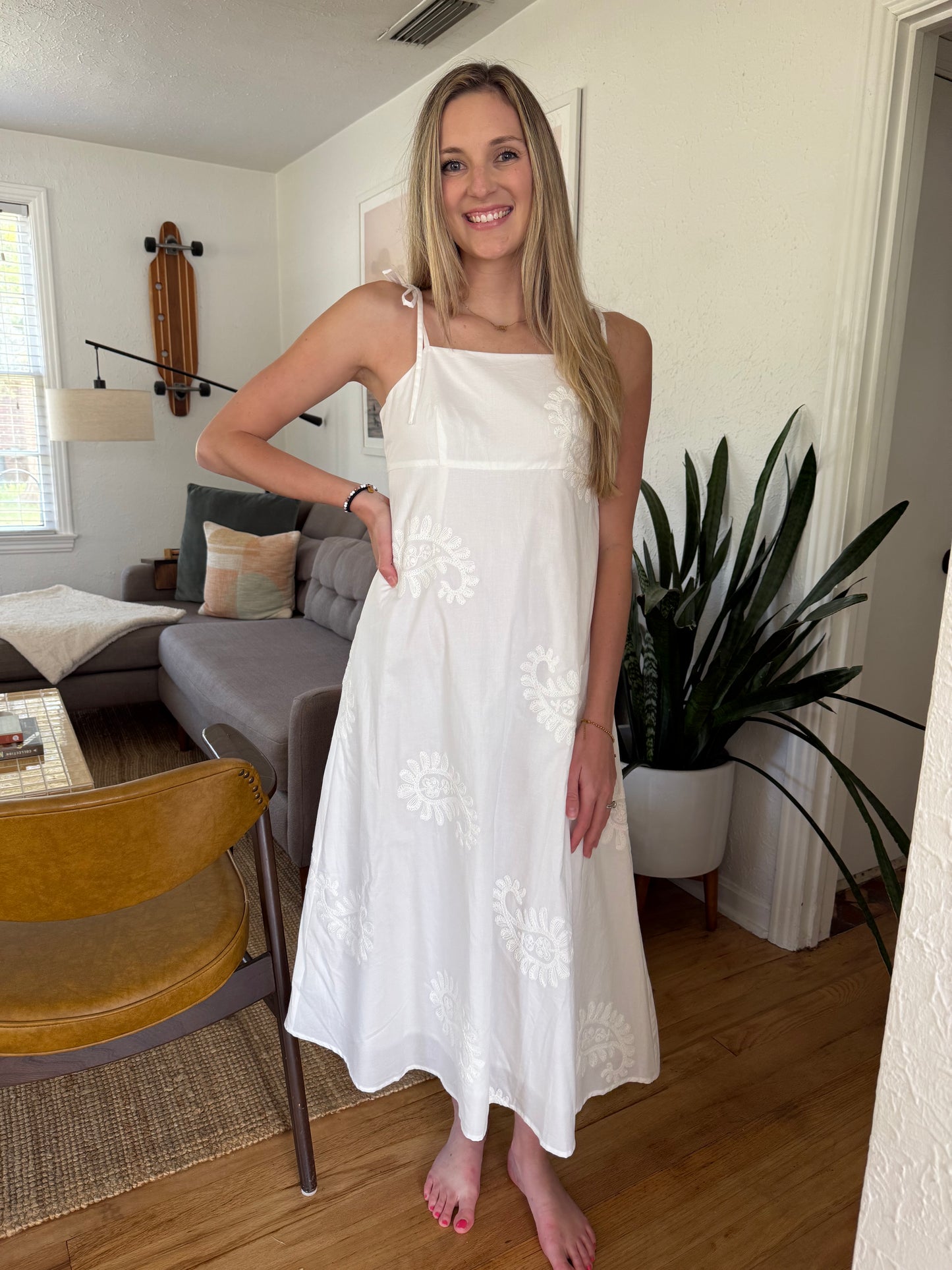 FRNCH Nacera White Paisley Embroidered Midi Dress