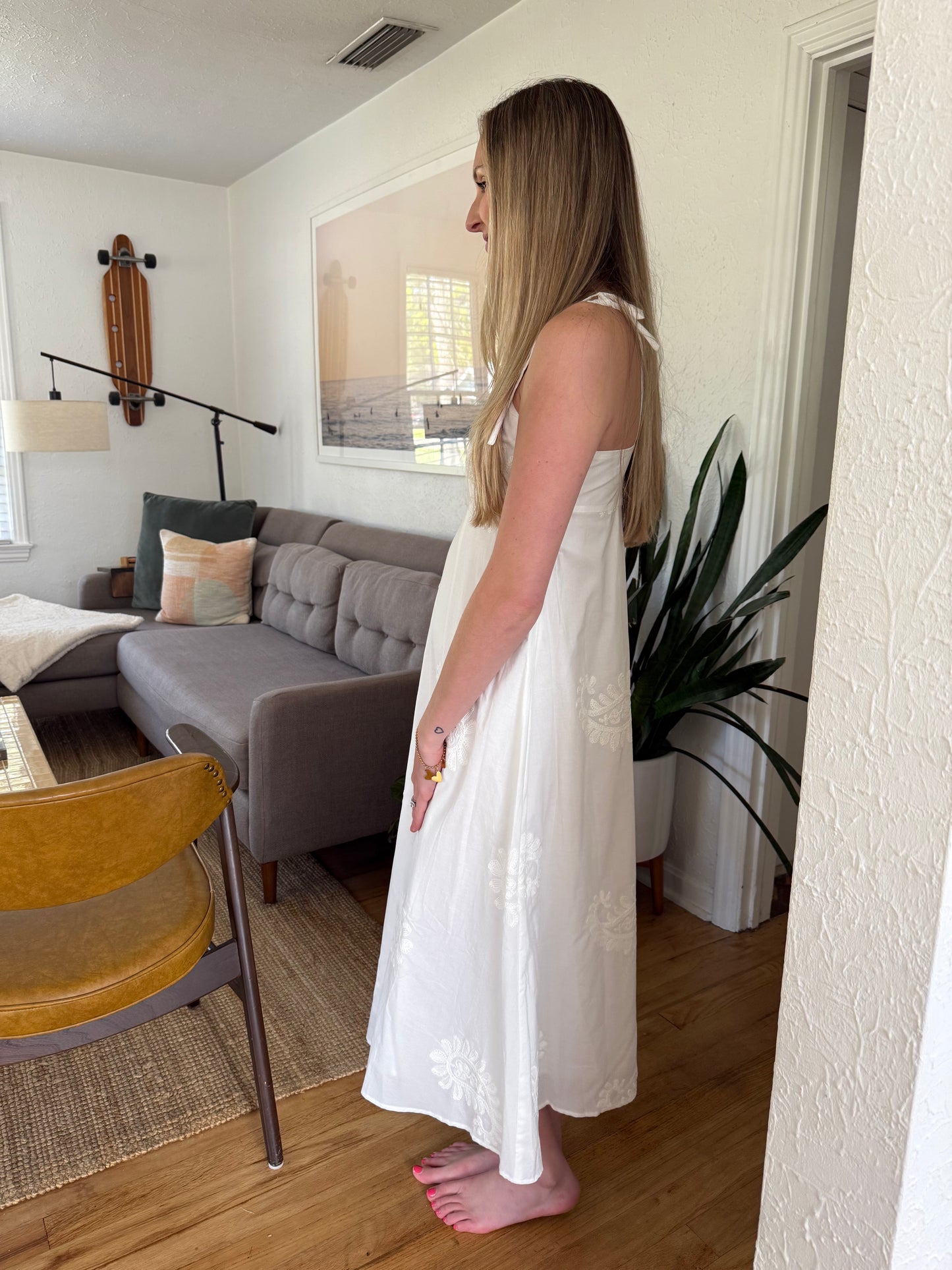 FRNCH Nacera White Paisley Embroidered Midi Dress