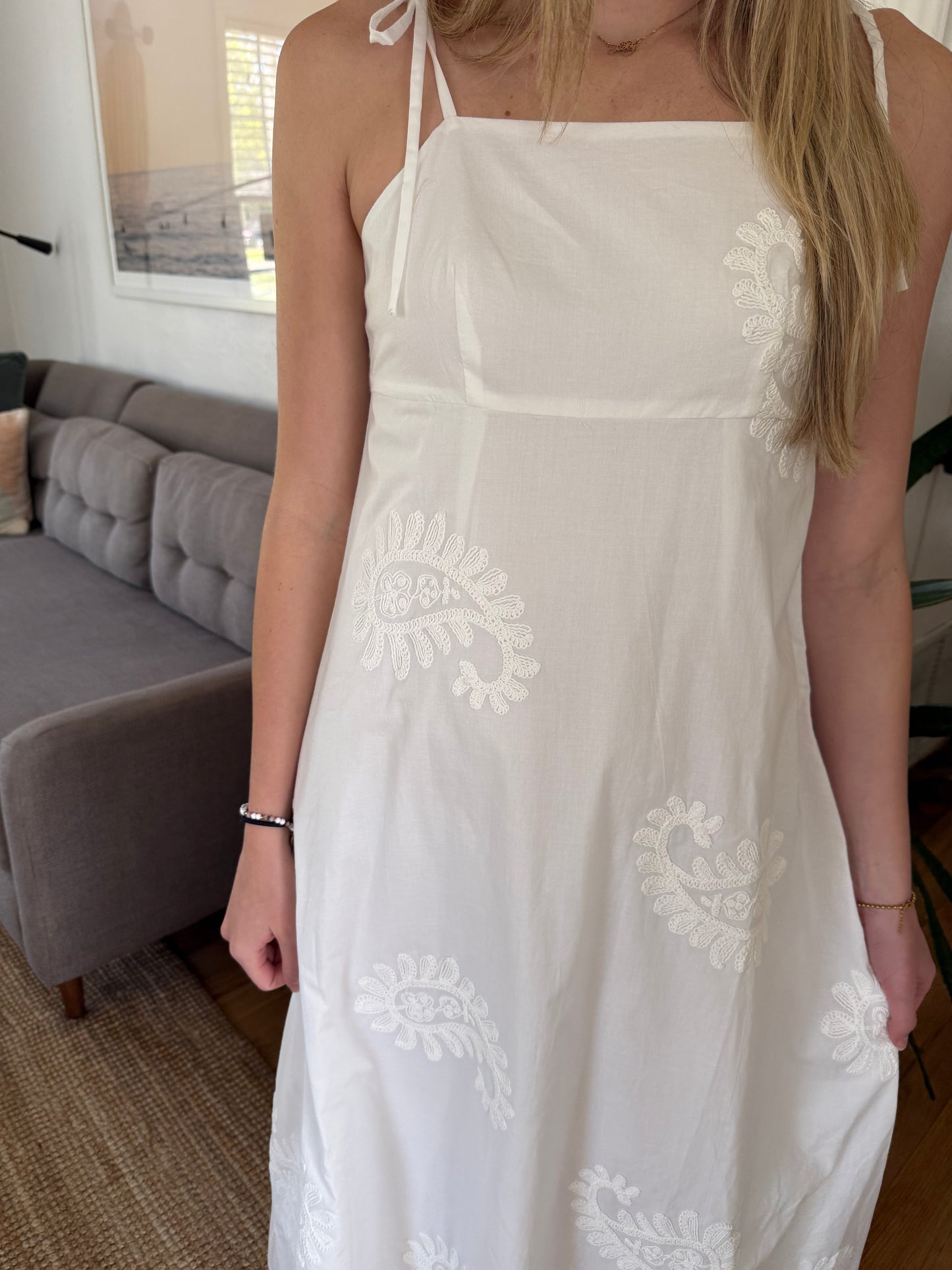 FRNCH Nacera White Paisley Embroidered Midi Dress