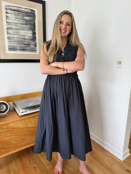 PINCH Bella Navy Shirred Cotton Sleeveless Midi Dress