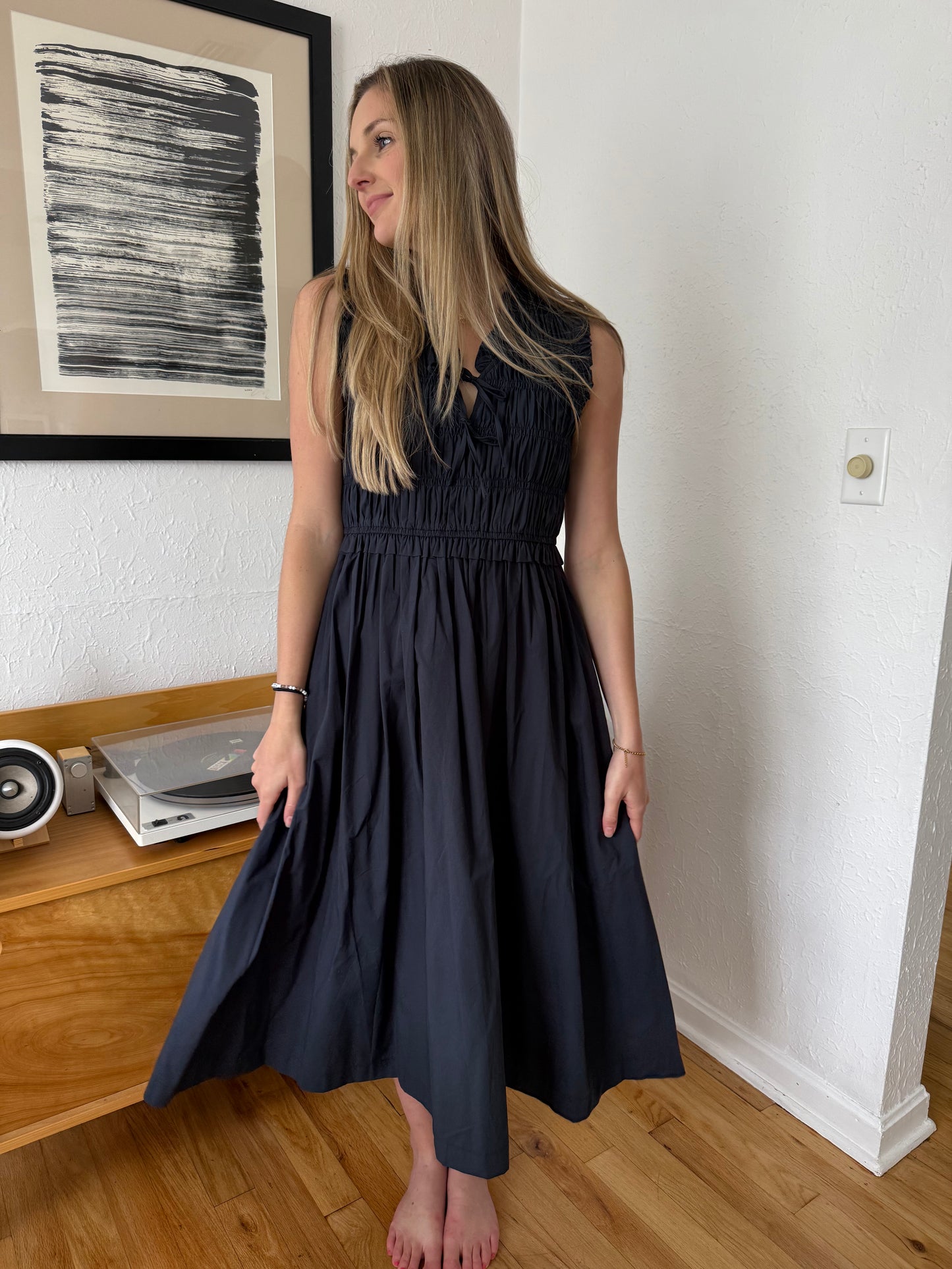 PINCH Bella Navy Shirred Cotton Sleeveless Midi Dress