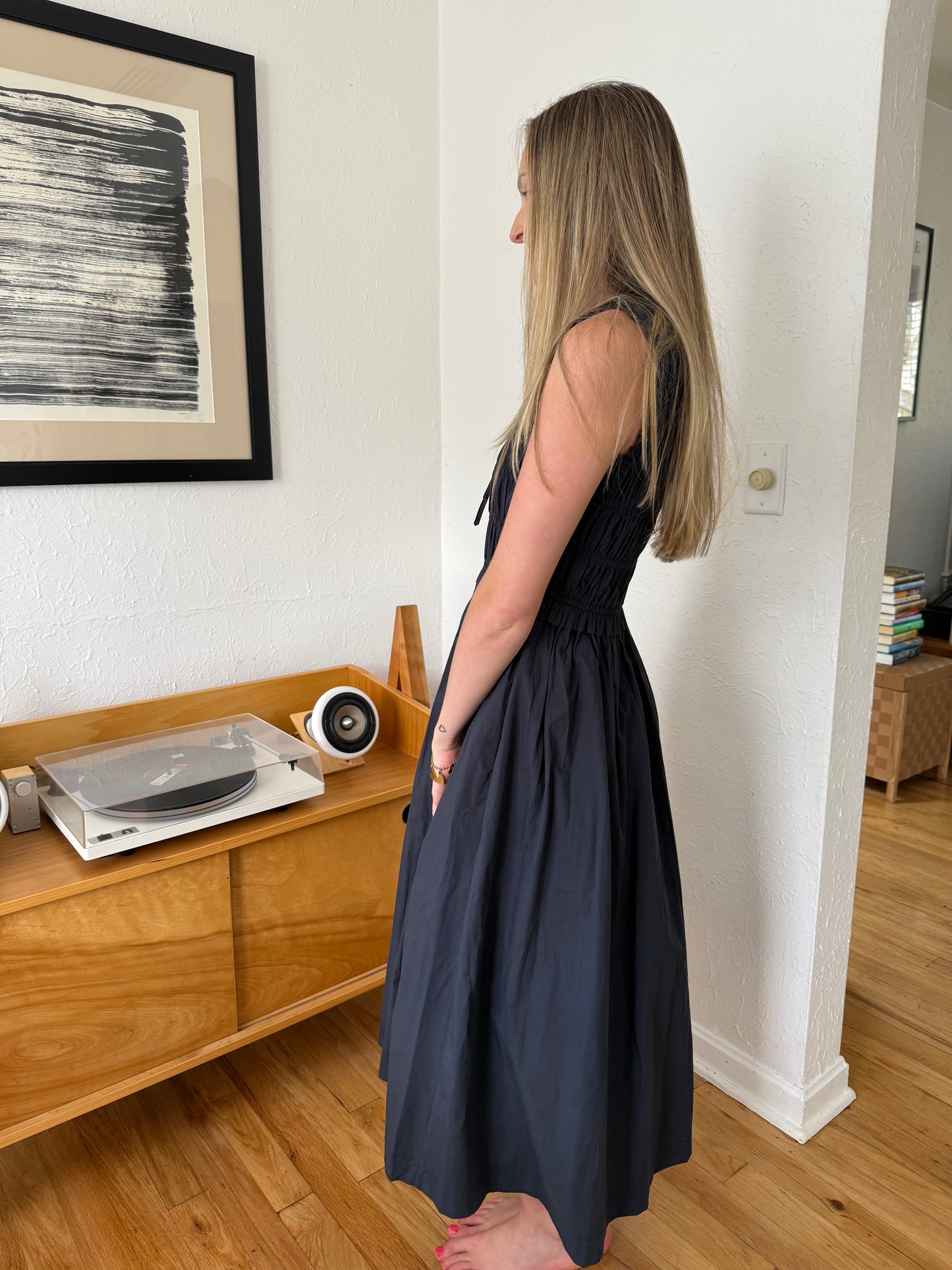 PINCH Bella Navy Shirred Cotton Sleeveless Midi Dress