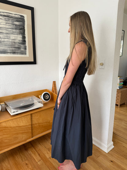 PINCH Bella Navy Shirred Cotton Sleeveless Midi Dress