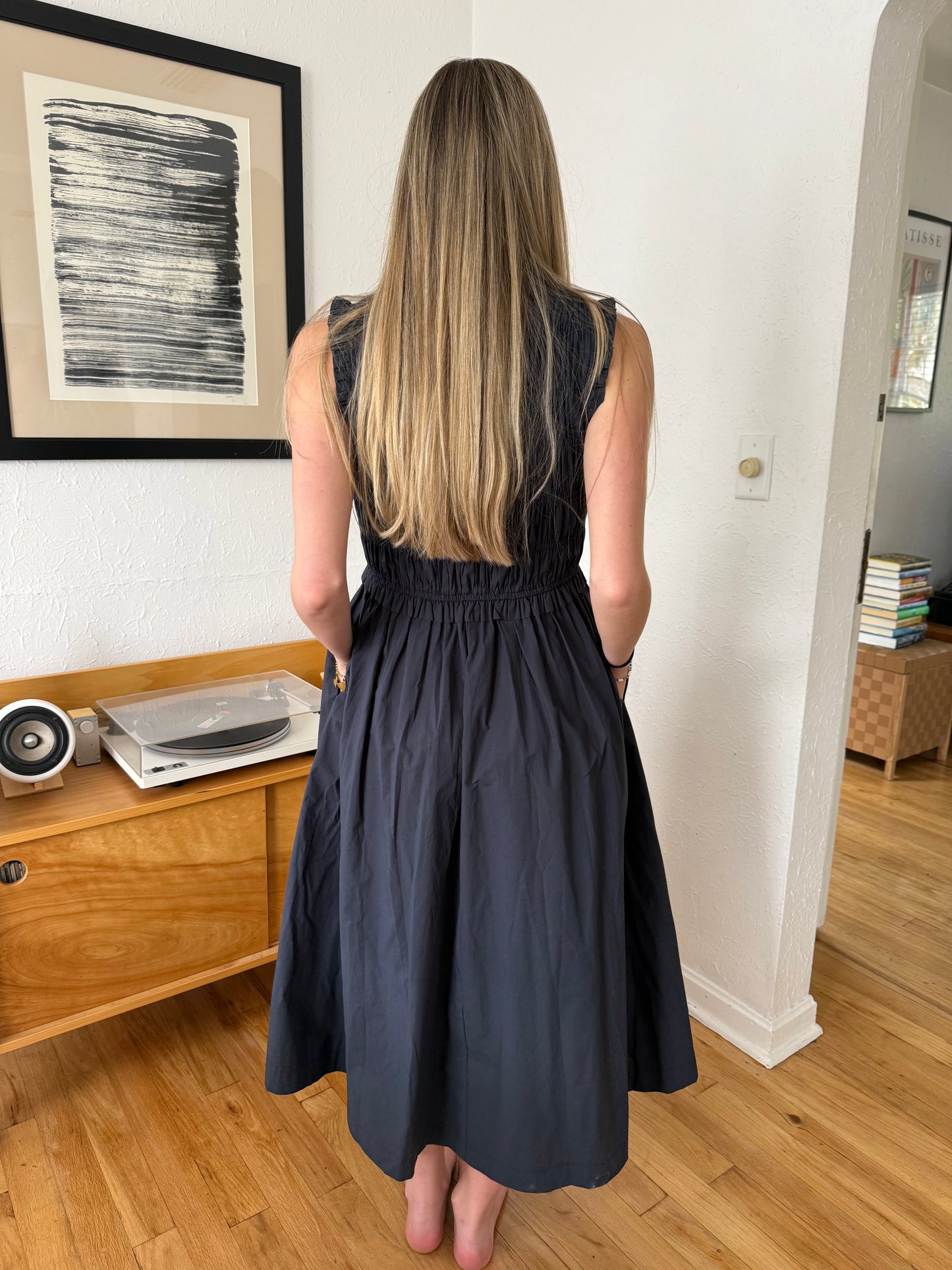 PINCH Bella Navy Shirred Cotton Sleeveless Midi Dress